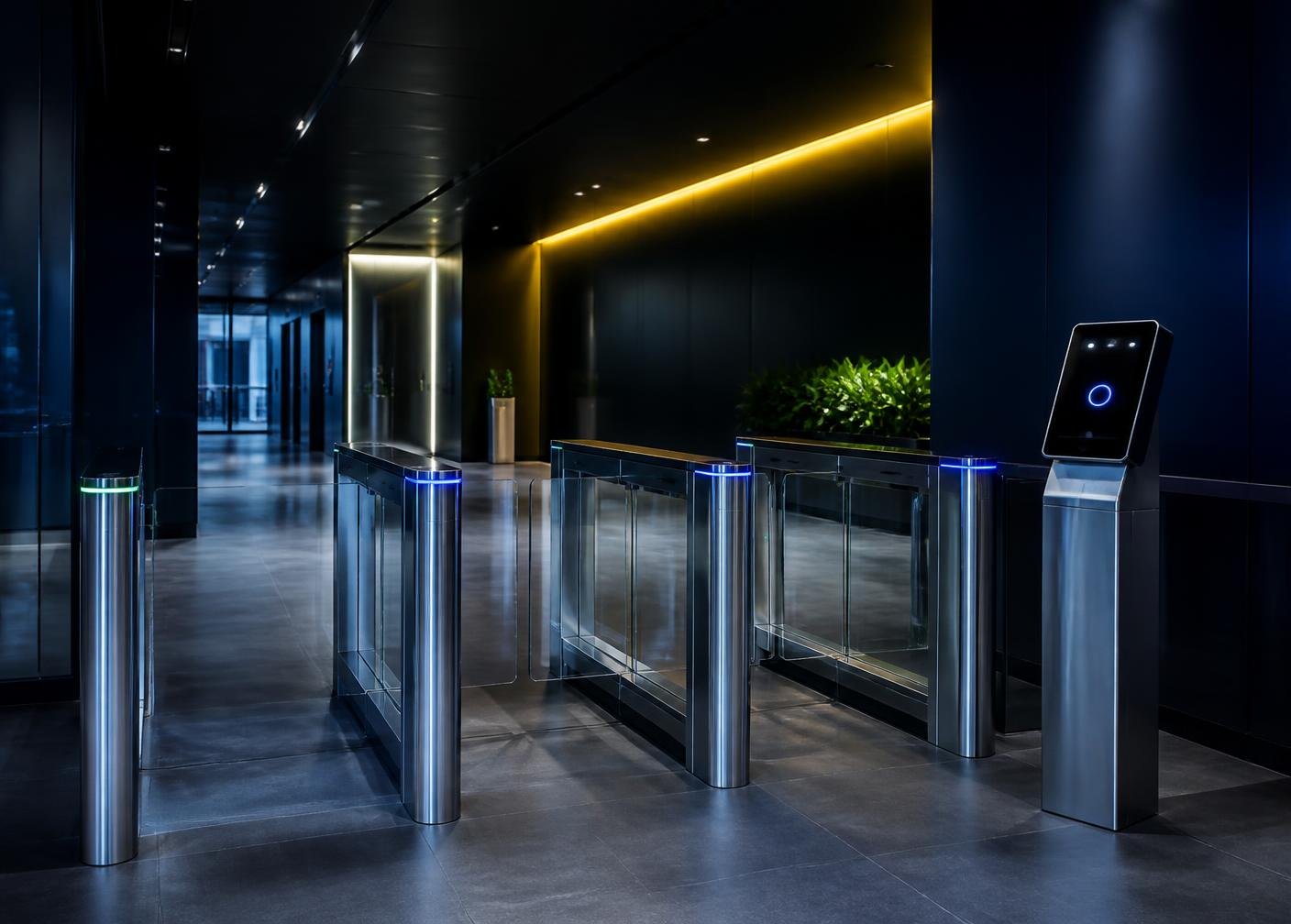Secure corporate entrance with speed gates and a biometric access terminal