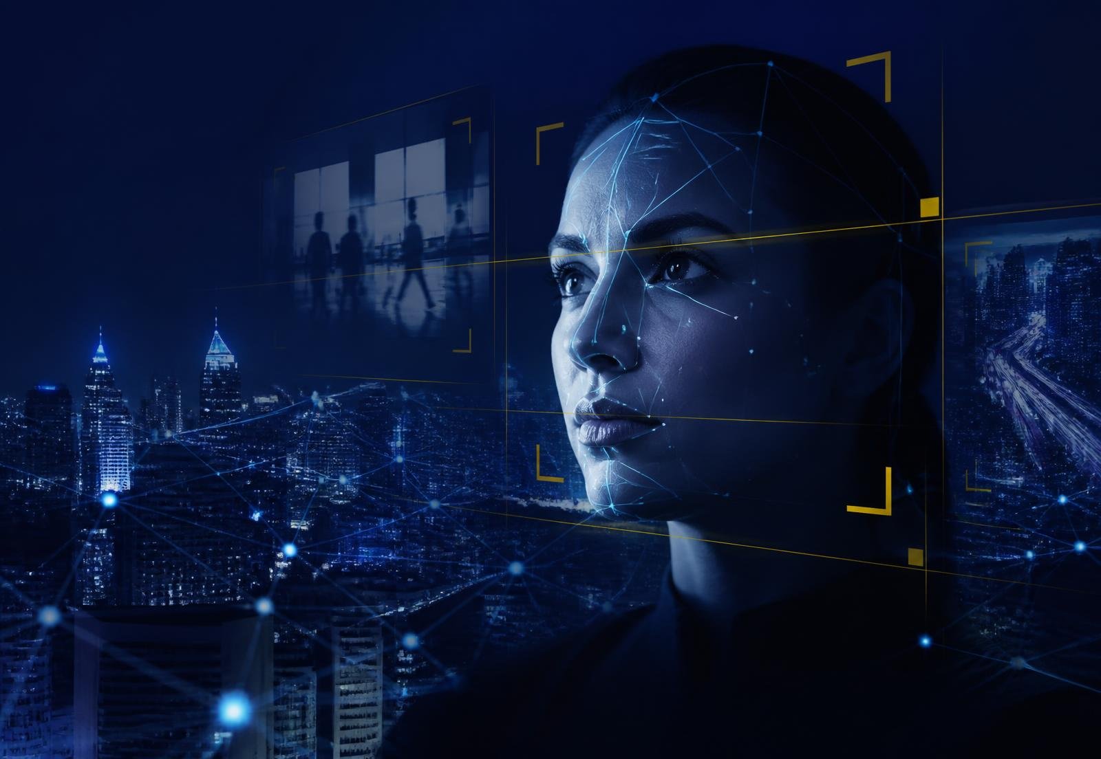 AI facial recognition analysis overlaid on a night-time city skyline